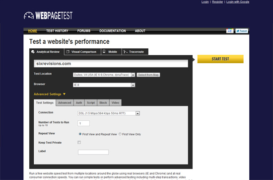 Website speed testing tool: WebPagetest